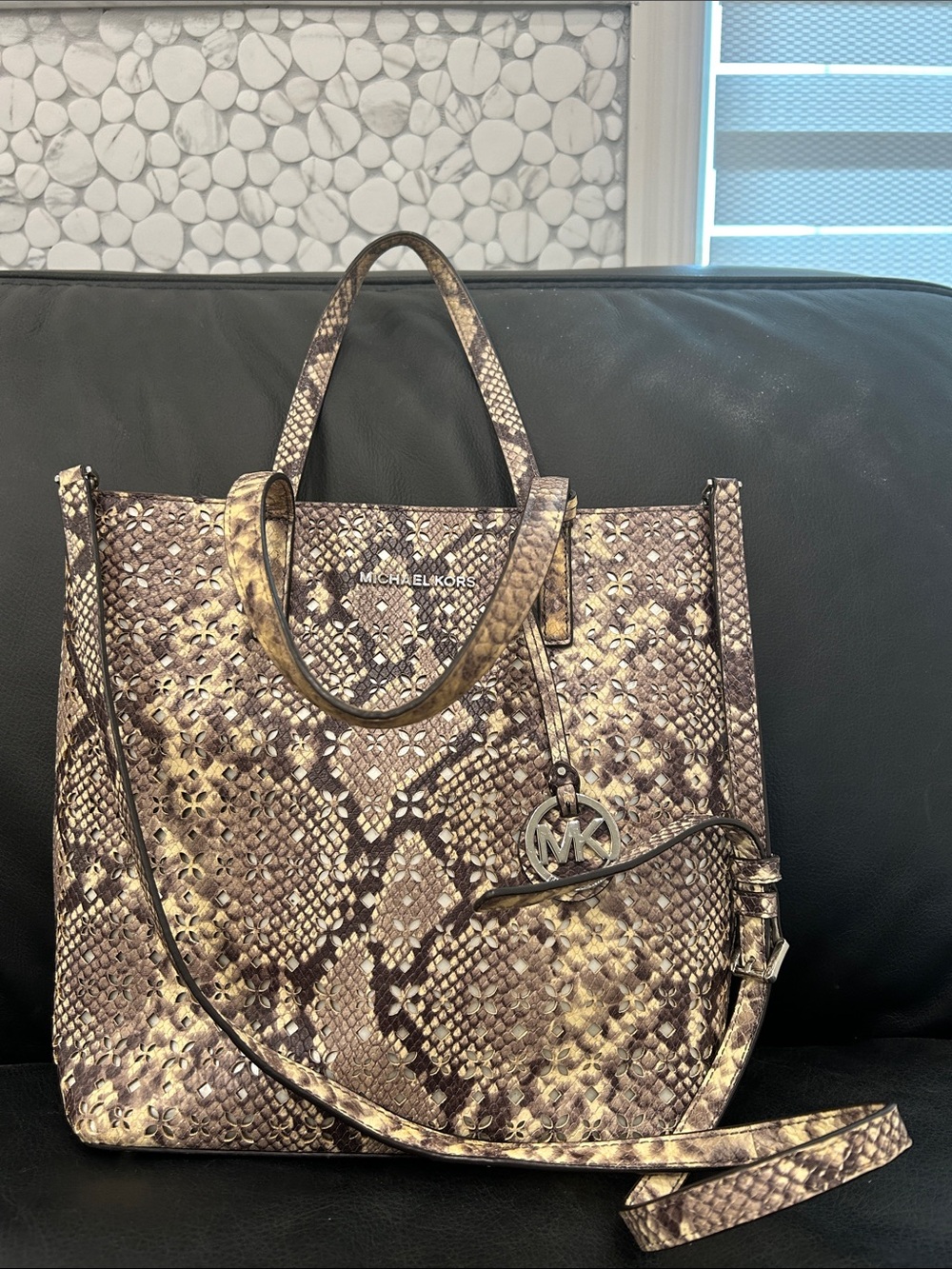 Michael Kors Snake-Print Tote in Brown and Tan 13”X11”